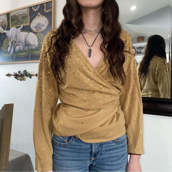 Newport News Womens V-Neck Long Sleeve Sequins Wrap Top Blouse Brown Size XL - Picture 1 of 15